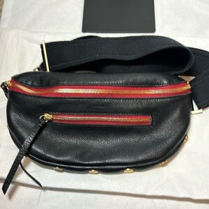 Hammitt Charles Belt Bag in Black & Gold with Red Zip